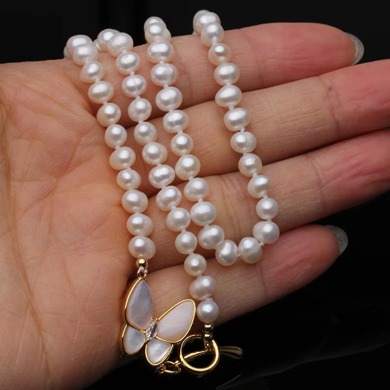 Beautiful Real Freshwater Natural Pearl Necklaces for Women,White Pearl Necklace Engagement Gift Butterflyer